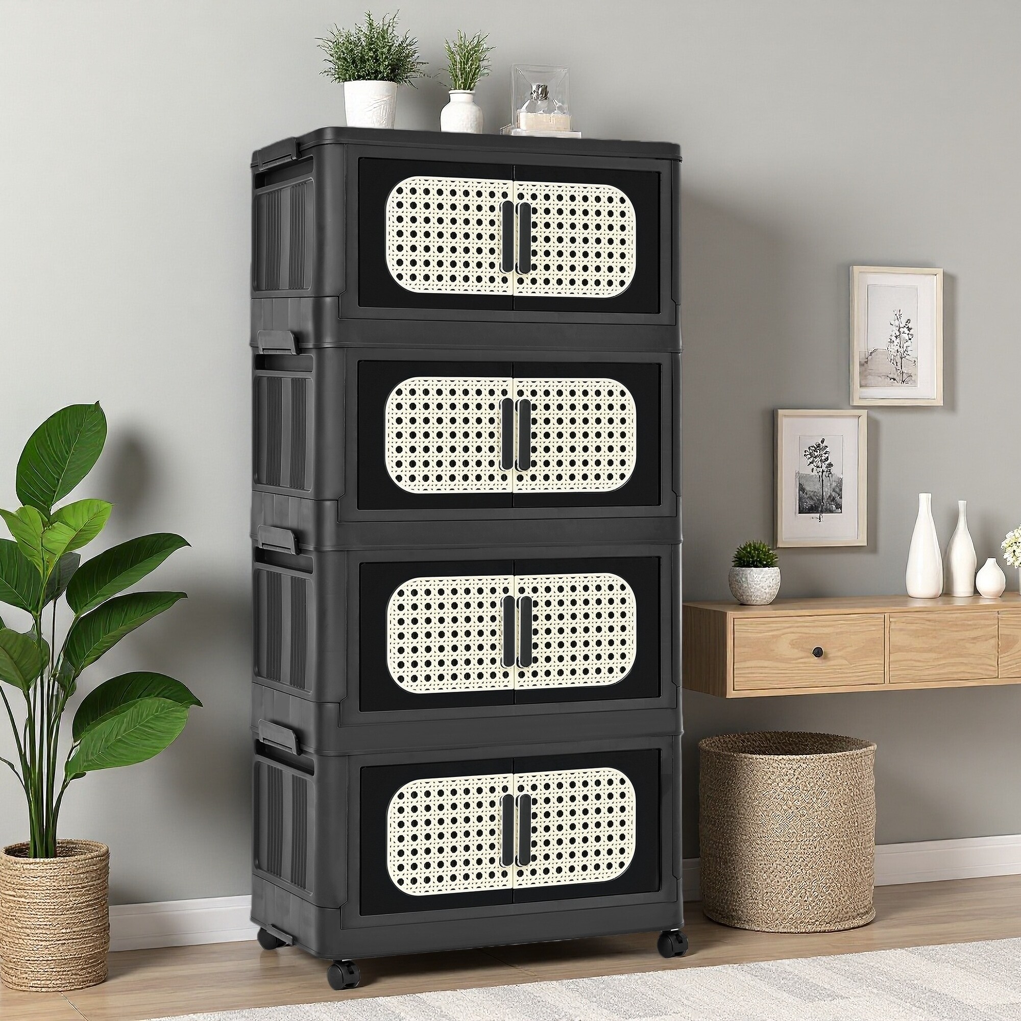 20" PP Foldable 4-Tier Side Storage Cabinet with Magnetic Door and Wheels for Living Room, Kitchen or Bedroom