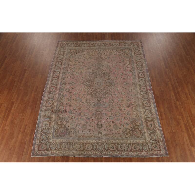 Traditional Pink Mashad Persian Vintage Rug Hand-Knotted Wool Carpet - 8'0"x 10'10"