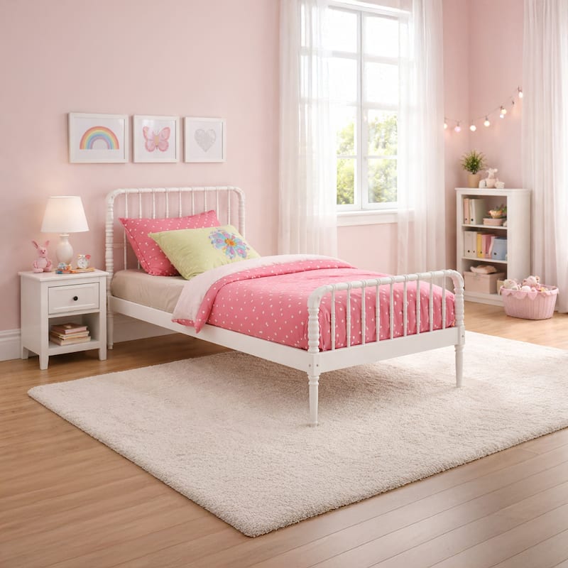 Wooden Twin Bed with Bobbin Style Slatted Headboard and Footboard, White