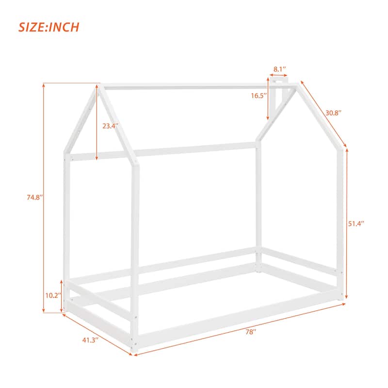 House-shaped Floor Bed, Twin Size Wood House Bed Frame with Roof