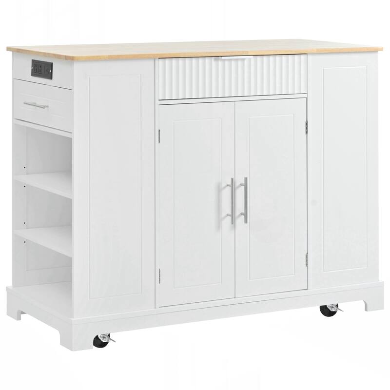 Kitchen Island with Trash Can Storage Cabinet, Power Outlet, Internal Storage Rack, Rolling Kitchen Islands on 5 Wheels