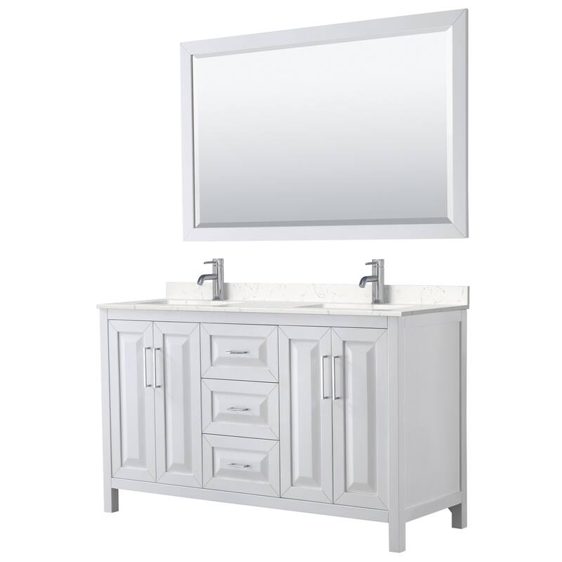 Daria 60 Inch Double Vanity, Cultured Marble Top, 58 Inch Mirror - White, Chrome Trim, Carrara Cultured Marble Top