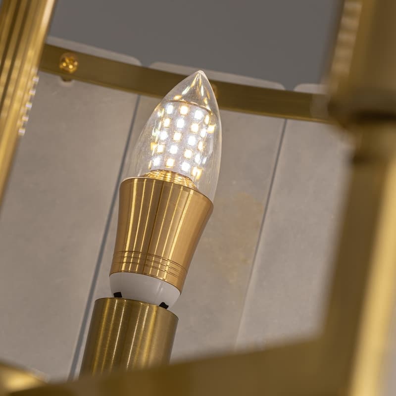 Modern 8-Light Round Gold Brass Chandelier with Marble Alabaster 23.6-Inch Drum Pendant Ceiling Light with Adjustable Chain