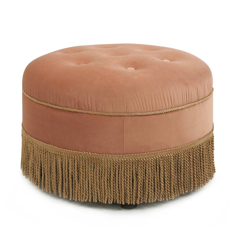 Button Tufted Round Accent Ottoman, Velvet Upholstered Makeup Stool, Fabric Single Bench with Gold Tassel Trim