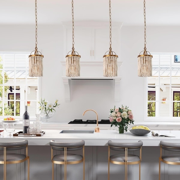 Laluz Alisar Mid Century Modern Gold Mini Pendant Light French Country Distressed White Wood Beads for Kitchen Island 60 Rusted Brass Gold 1 D 6 x H