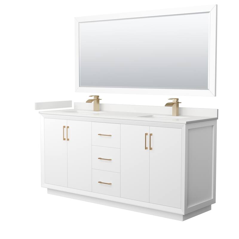 Strada 72-inch Double Vanity, Quartz Top, 70-inch Mirror - White, Bronze Trim, White Quartz Top