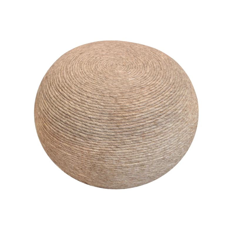 20" Beige Wool Round Ribbed Pouf Ottoman