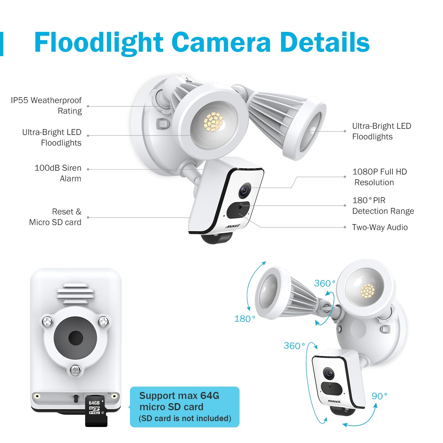ANNKE 1080P Floodlight Wireless Security Camera, PIR Motion Sensor, Siren  Alarm, Cloud Storage Available, Two-way Audio
