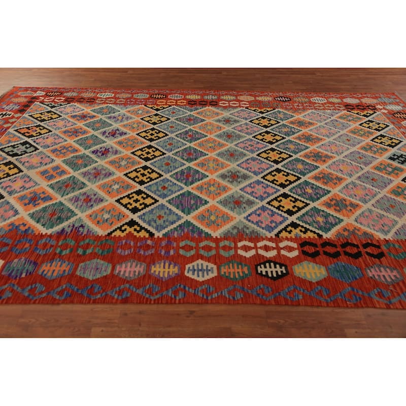 All-Over Trellis Kilim Oriental Area Rug Flatweave Wool Carpet - 8'6"x 11'9"