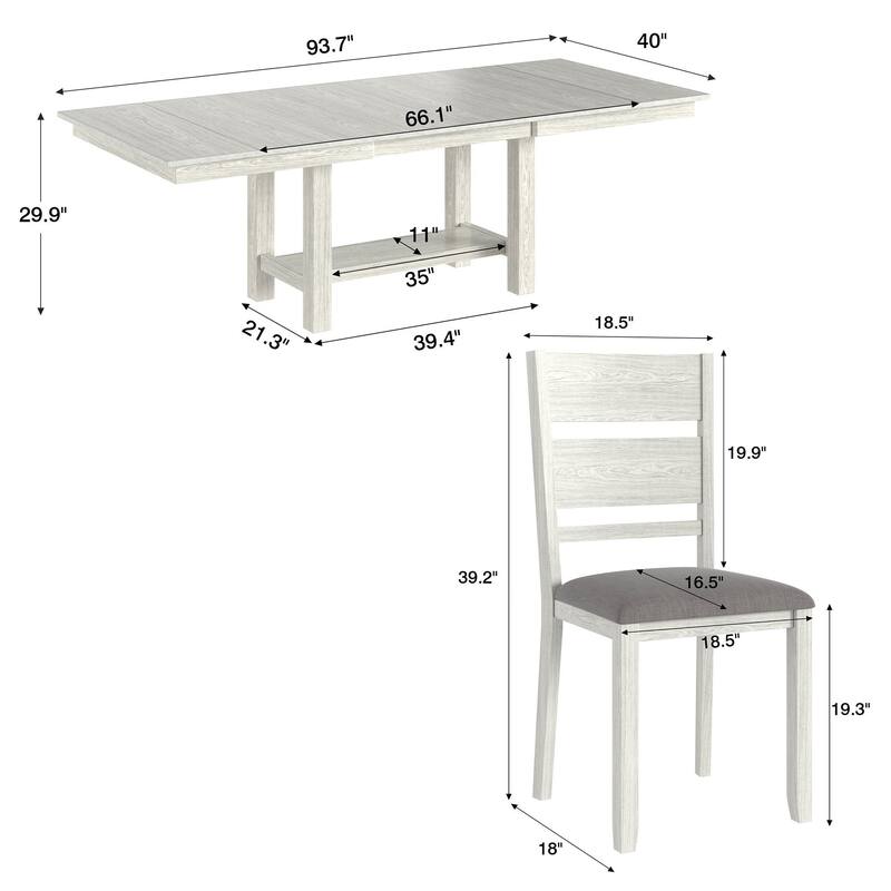 VECELO 7 Piece Dining Set, Thickened Solid Wood Rectangular Extendable Dining Table & 6 Solid Wood Dining Chairs
