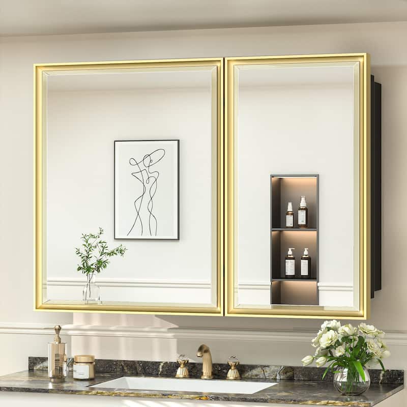 TokeShimi Medicine Cabinets for Bathroom with Mirror, Beveled Framed - 40''x30'' - Gold