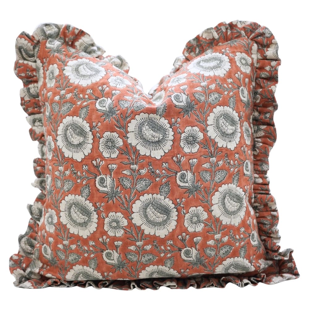 Fabdivine Handmade Block Print Floral Frill Both Side Soft Boho Pure Linen Pillow Cover