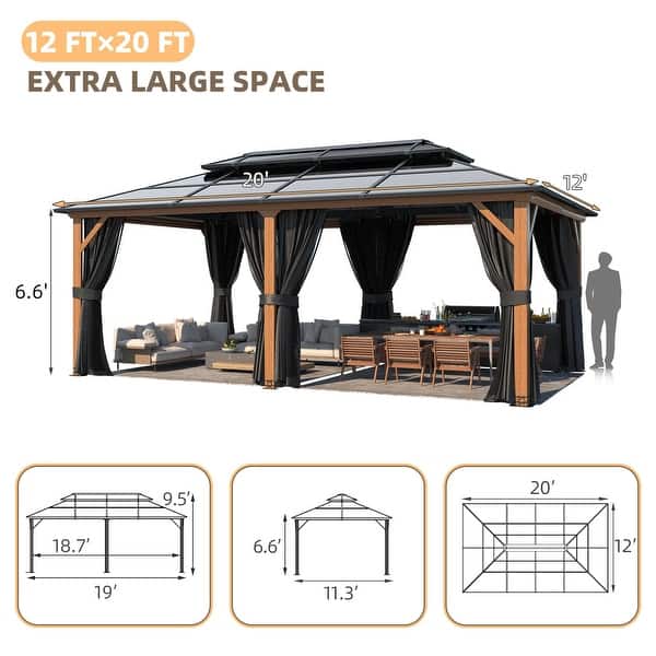 dimension image slide 0 of 16, EROMMY Hardtop Gazebo,Outdoor Pergola with Double Roof & Netting & Curtains,Heavy Duty Canopy for Patio, Backyard, Pool party