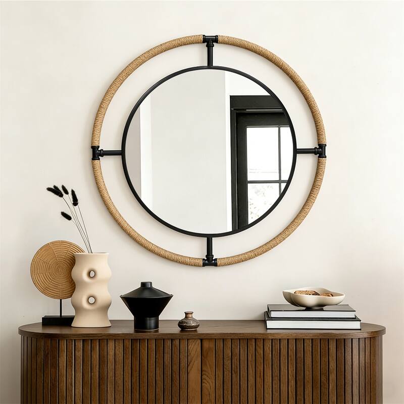 Industrial Nautical Dual Round Wall Hanging Decorative Mirror with Rope Coastal Decor Mirror