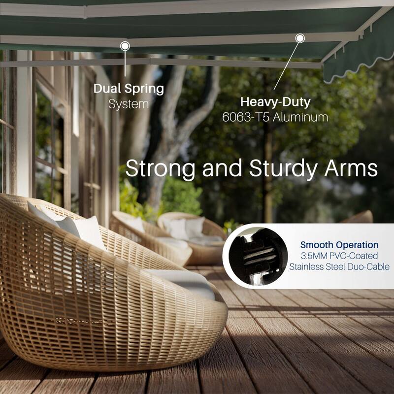 ALEKO Caribbean Manual Retractable Patio Awning - White Frame - Forest Green - 12 x 10 Feet