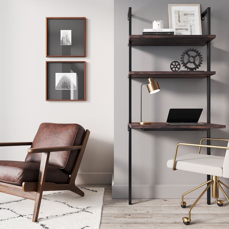 Nathan James Theo 2-Shelf Industrial Wall Mount Ladder Desk, Small Computer or Writing Desk