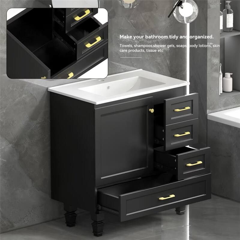 30" Bathroom Vanity Abundant Storage Cabinet -1 Soft Close Doors and 3 Drawer