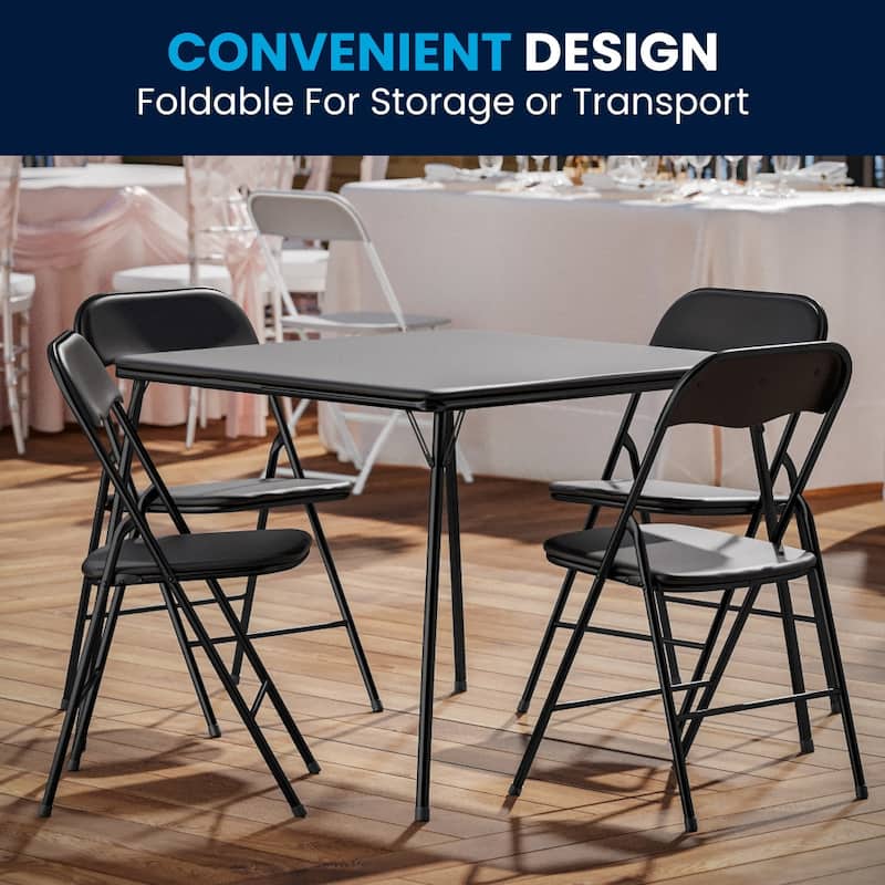 5 Piece Folding Card Table and Chair Set with Upholstered Table Top - 33.5"W x 33.5"D x 27.75"H - Black