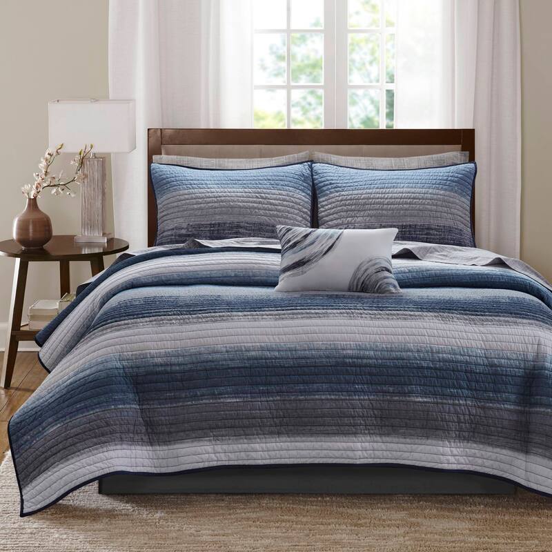 Madison Park Essentials Barret Quilt Set with Cotton Bed Sheets - Navy - Queen