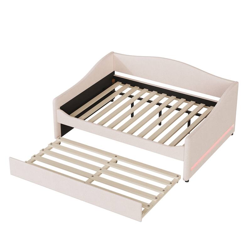 Full Size Upholstered Teddy Fleece Daybed with Trundle and Light Stripes, Beige