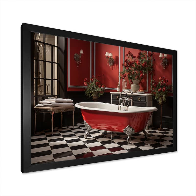 Designart "Red Modern Bathroom Charm IV" Bath & Laundry Framed Wall Art Prints