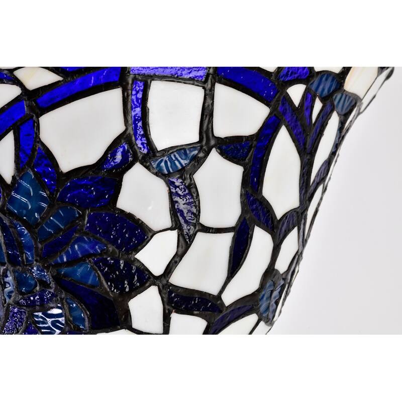 Prim 14-inch Blue/White Flower Design Glass/Bronze Tiffany-Style Torchiere Lamp