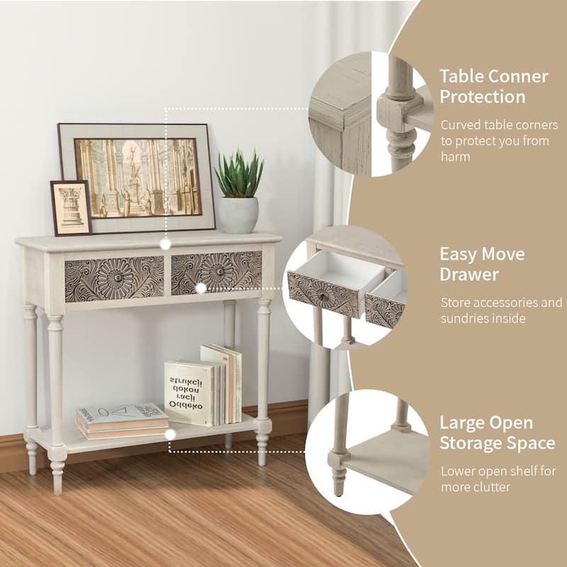 COSIEST Vintage 32'' Solid Wood 2-Drawers Console Table