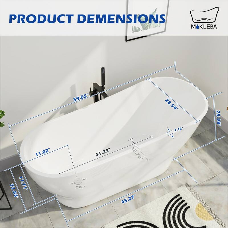Mokleba 59"Lx28''W Freestanding Pedestal Slipper Soaking Acrylic Bathtub with Chrome Drain and Overflow