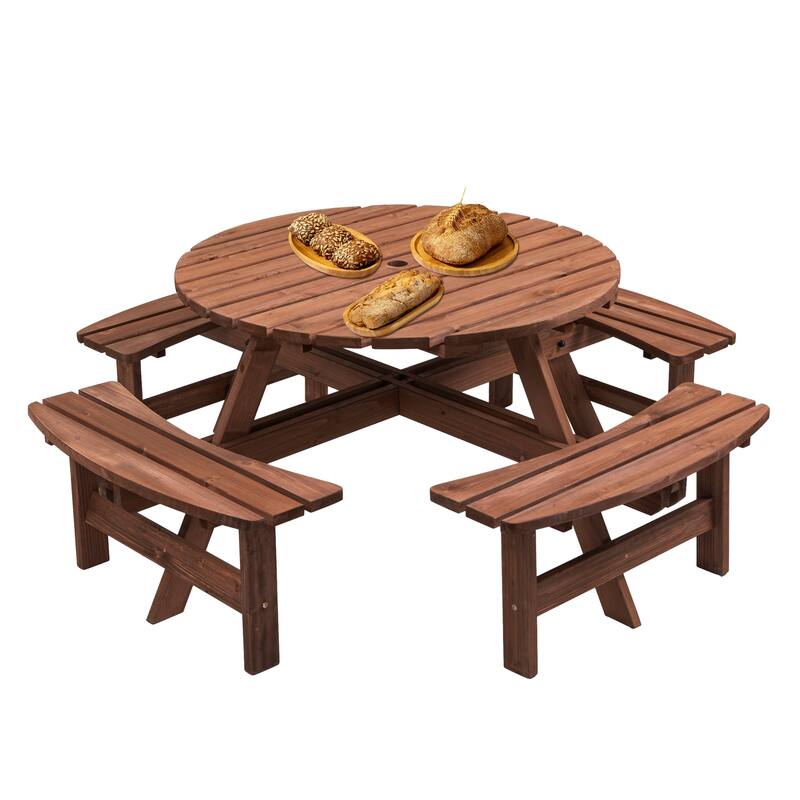 8 Person Dining Table with 4 Built-in Benches Outdoor Camping Round Dining Table Poolside Picnic Beer Table with Seat