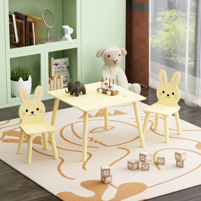 Kids Table and Chair Set with 2 Bunny Chairs, Children's Wooden Activity Table for Toddlers, Cute Animal Design Set
