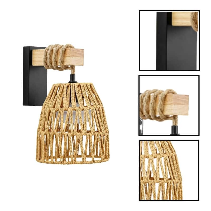 2 Pack light fixture brown wireless sconces rattan wall light