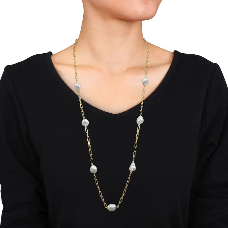 Miadora 12-14mm Cultured Freshwater Coin Pearl Station Chain Necklace in Yellow Silver - 34 in x 13 mm x 7 mm