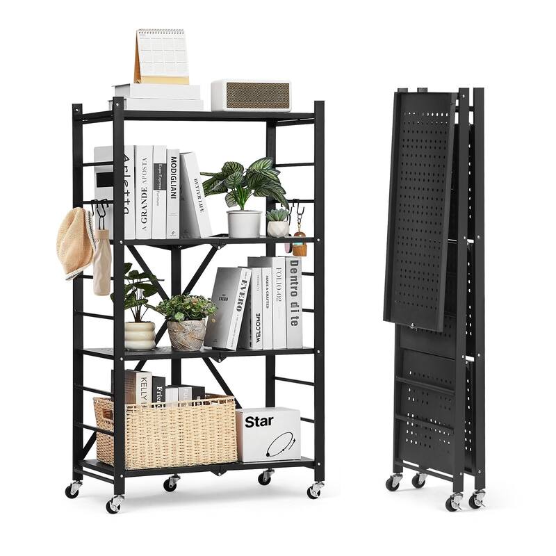 Black Carbon Steel 4 Tier Foldable Garage Storage Shelf with Wheels - 13 x 26 x 46 in
