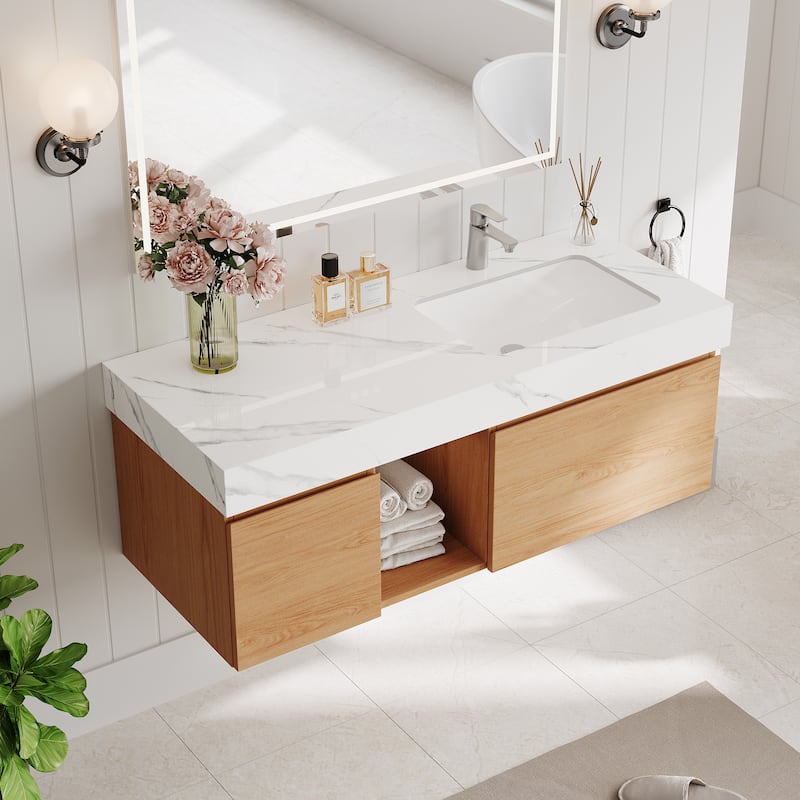 48" Mid Century Single Bathroom faux marble Vanity with Top, Solid Wood, Floating Vanities for Bathroom - 47.6" x 19.6"