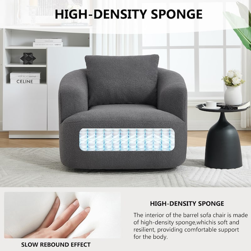 360°Swivel Round Upholstered Comfy Chair With One Soft Pillow, Teddy Fleece High-Resilience Sponge Single Sofa
