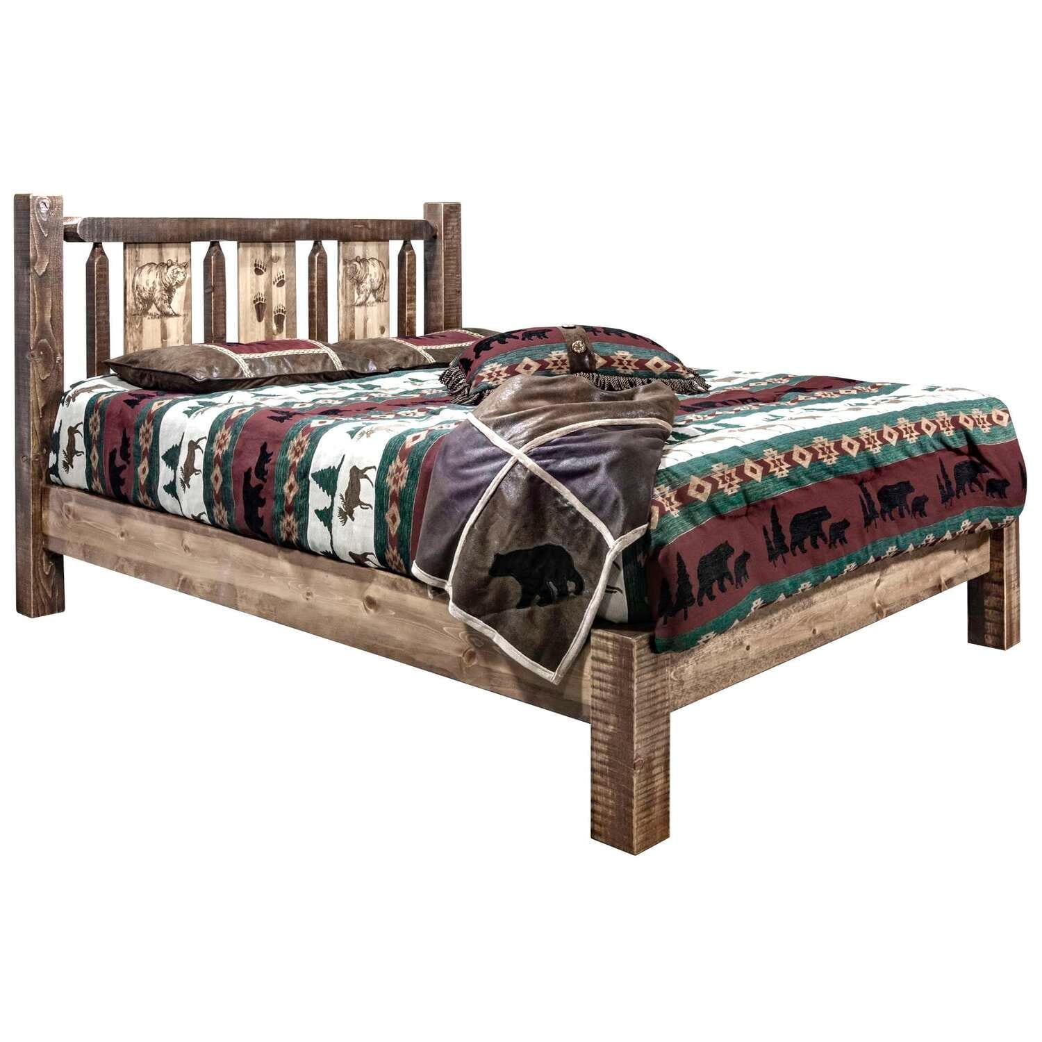 Rustic Platform Bed - Laser Engraved Design - 88" L x 66" W x 47" H - Heirloom Quality