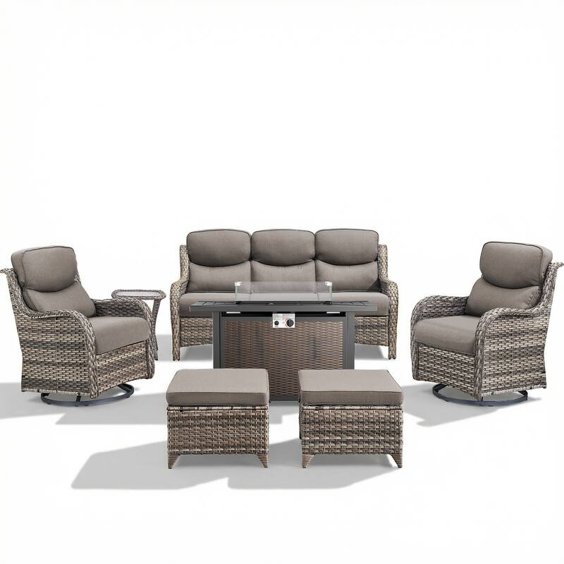 Pocassy 6/7 Piece Patio Sofa Swivel Chair Set with 43" Fire Pit Table