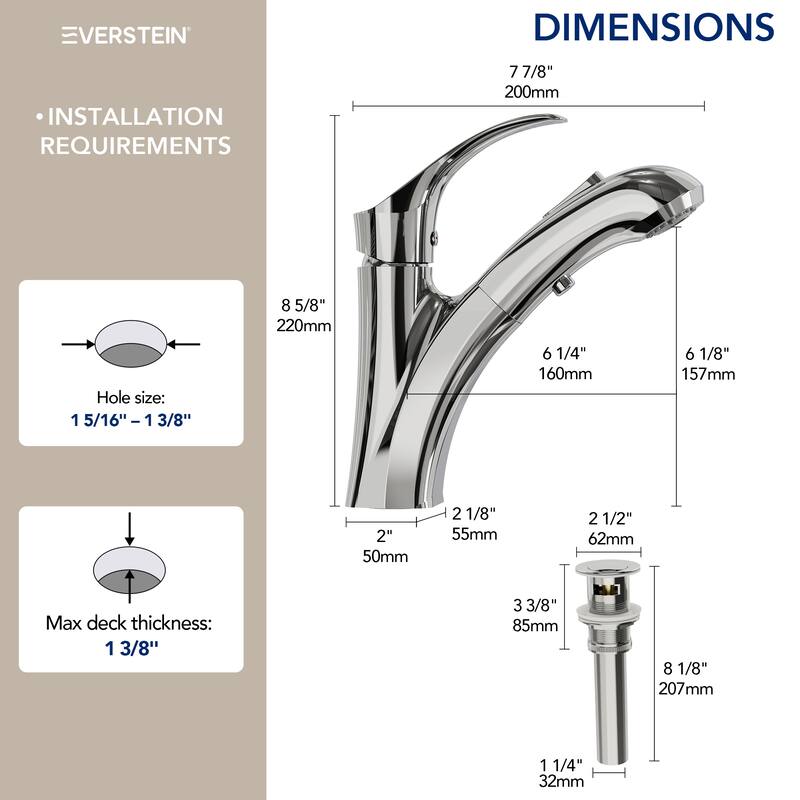 Single Handle Single Hole Pull-Out Basin Bathroom Faucet with Pop‑Up Drain