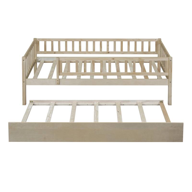 Twin Size Wood Daybed with Trundle and Safety Guardrails, Natural Finish