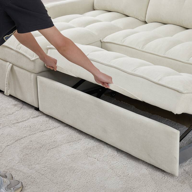 78.75" Chenille Pull-Out L-Shaped Sectional Sofa Bed with Charging Ports and Storage Chaise