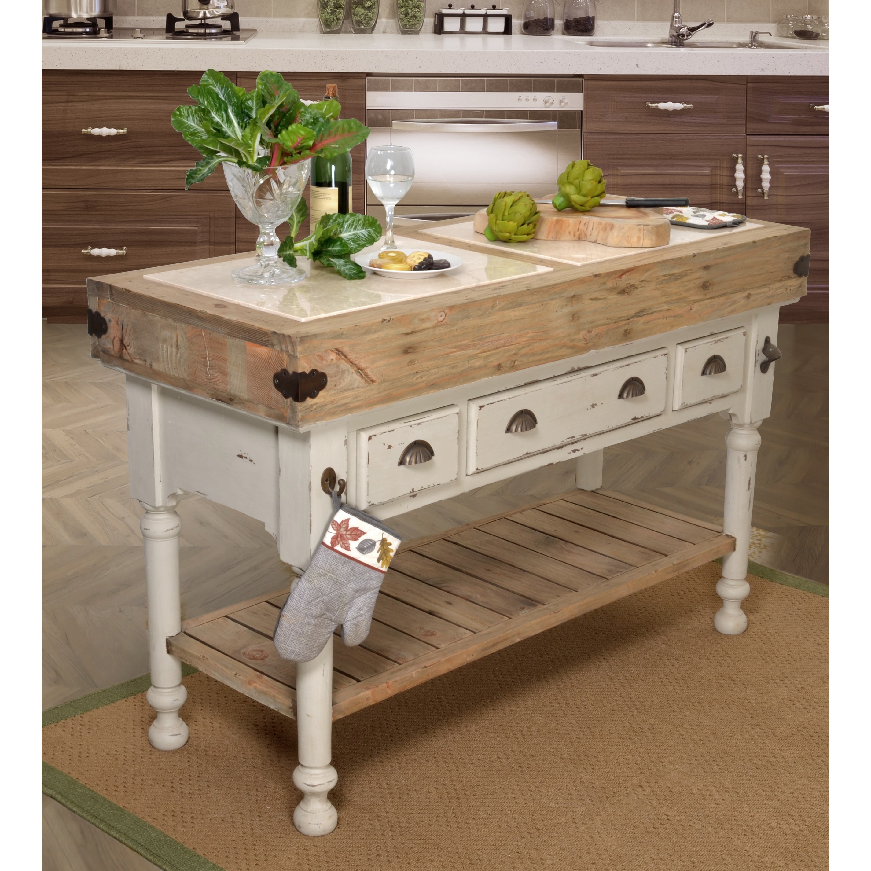 Marble Top 3 Drawer Kitchen Island In Chalk White