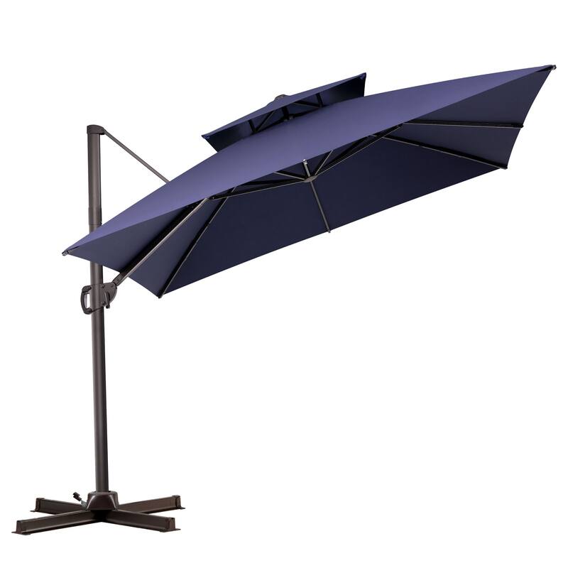 VredHom 10 Ft Square Double Top Cantilever Patio Umbrella with Cross Stand - Navy Blue
