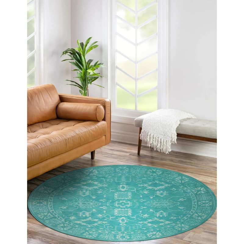 Hand-Tufted Wool Green Traditional Oriental Overdyed Rug - Timeless Elegance and Modern Flair - 6' Round - Green
