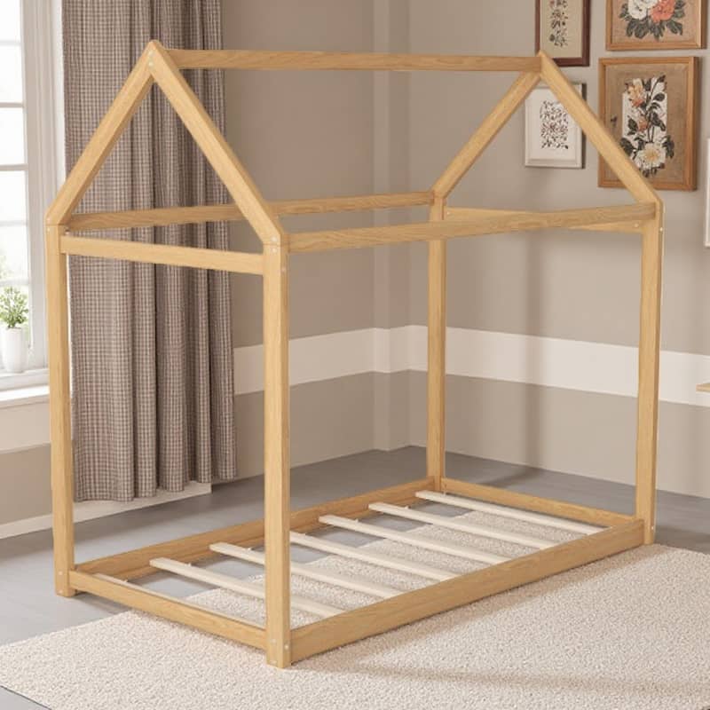 Twin Size Pine Wood Kids' House-Shaped Bed Frame with Durable MDF Construction - Wood