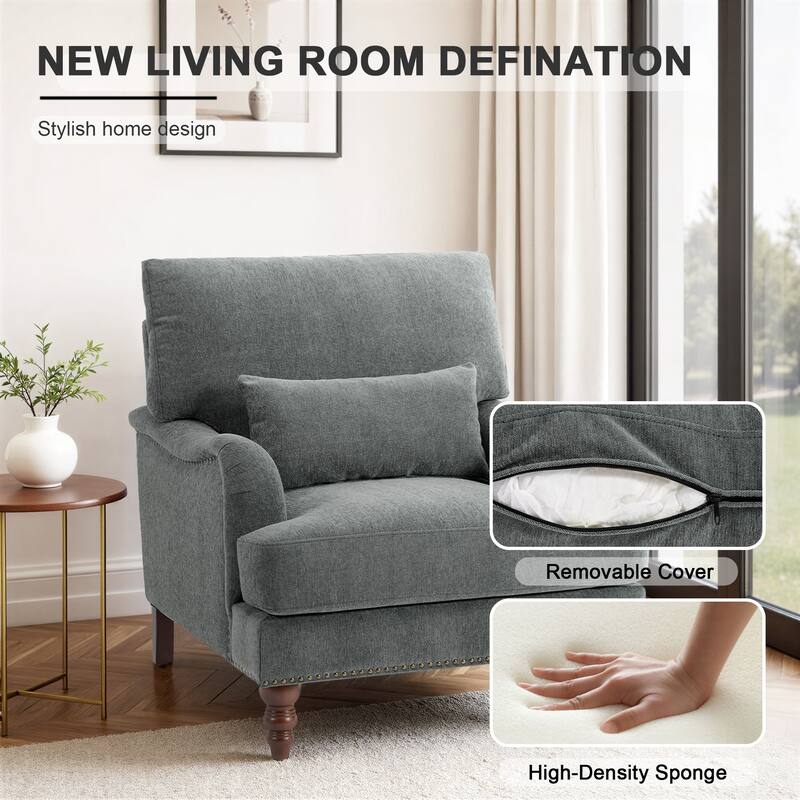 Chenille Accent Chair with Lumbar Pillow Nailhead Living Room