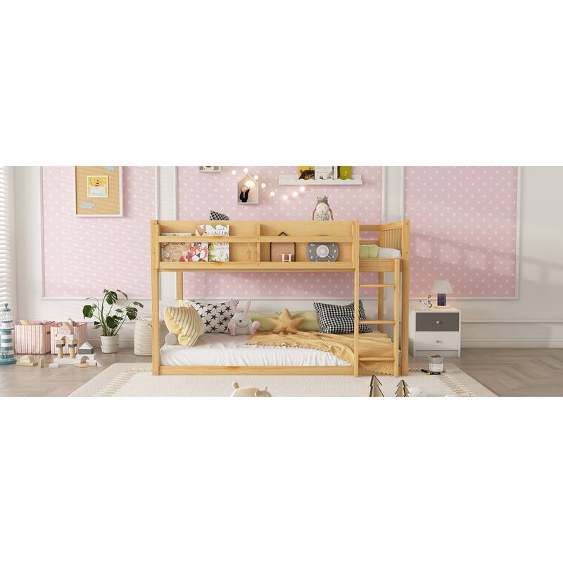 Roomfitters Twin Over Twin Bunk Bed, Low Floor Loft Platform Bed and Shelf with Wooden Frame for Bedroom
