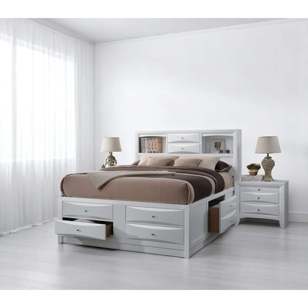 Queen Size Solid Wood Platform Storage Bed with 8 Drawers and Bookcase Headboard – No Box Spring Needed