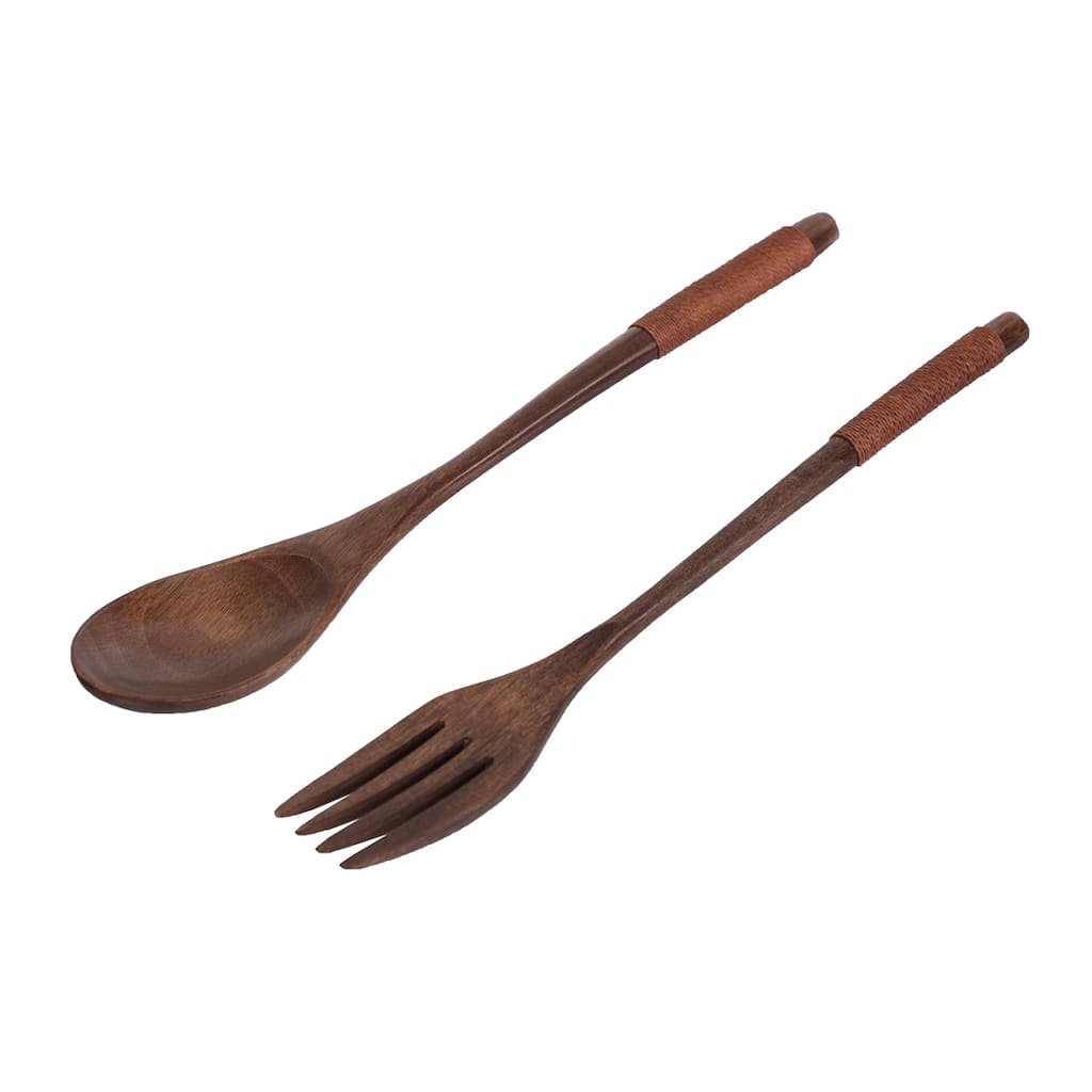 Kitchenware Cutlery Wooden Japanese Style Non-slip Handle Spoon Fork Set 2 in 1 - Brown,Beige
