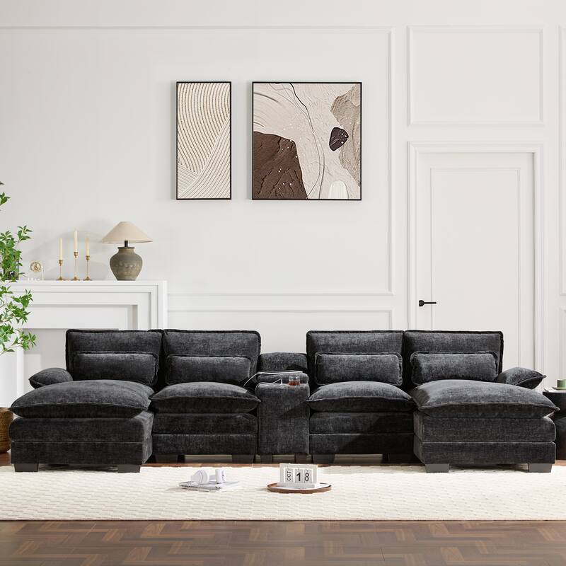 123" Chenille U-Shaped Sectional Sofa with Console & USB Charger