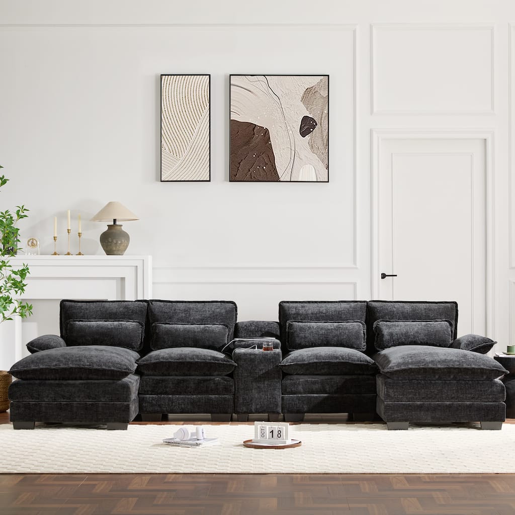 U-shaped Chenille Sectional Sofa w/Console, Cup Holders, USB, Chaise